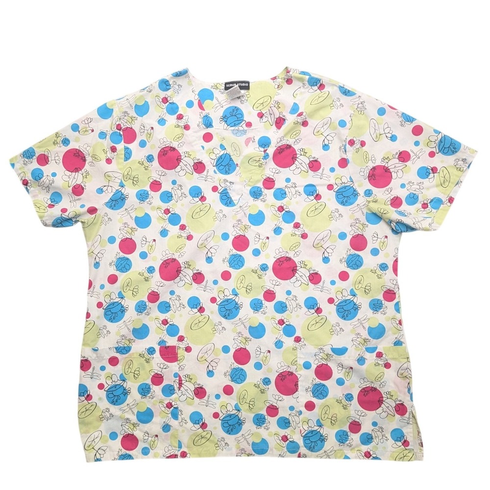 Scrub Studio Scrub Top Women Large Multicolor Frog Dragonfly Print V-Neck Pocket